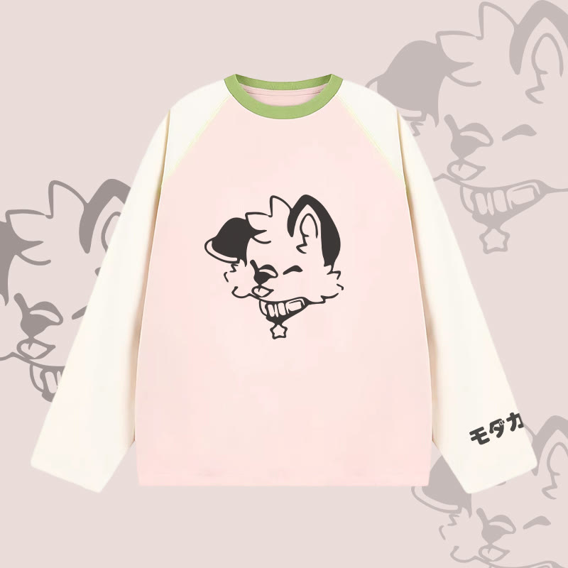 MODAKAWA X popipeko Fröhlicher Welpe Grafik- Farben Raglanärmel Langarm-T-Shirt - Pink - 2XL - image 4