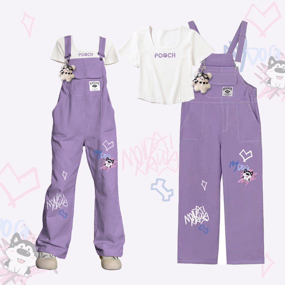 Hunde-T-Shirt mit Hundemotiv (Zunge raus) und Dopamin-Style-Latzhose (2-teilig) - Purple - XL - image 3