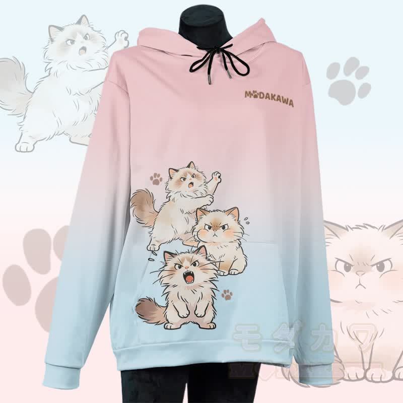 MODAKAWA Pullover-Hoodie mit Allover-Print einer wütenden Katze - Rosa & Blau - 5XL - image 4
