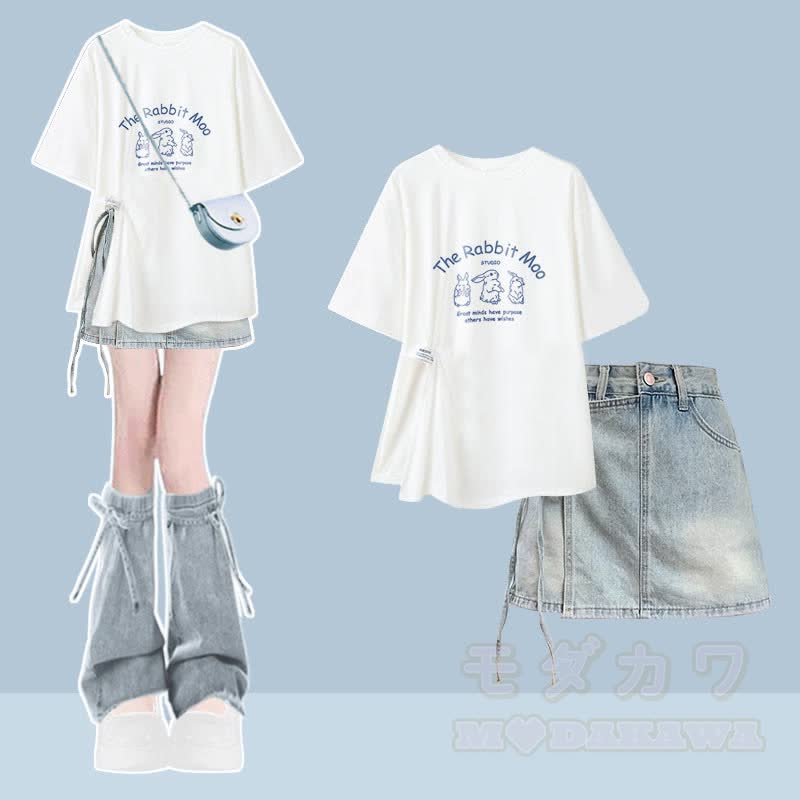Unregelmäßiges T-Shirt, Jeansshorts, passendes Outfit - Zweiteiliges Set C - XL - image 3