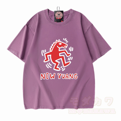 NEUES YUANG Pferde-Grafik Modakawa Unisex Vintage Washed T-Shirt - Lila - 5XL - image 8