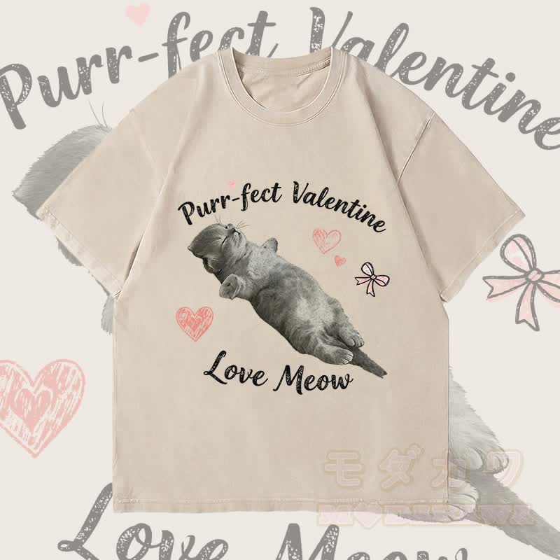 MODAKAWA PURR-FECT VALENTINE Verspieltes Katzenmotiv Unisex Vintage Washed T-Shirt - Beige - 4XL - image 3
