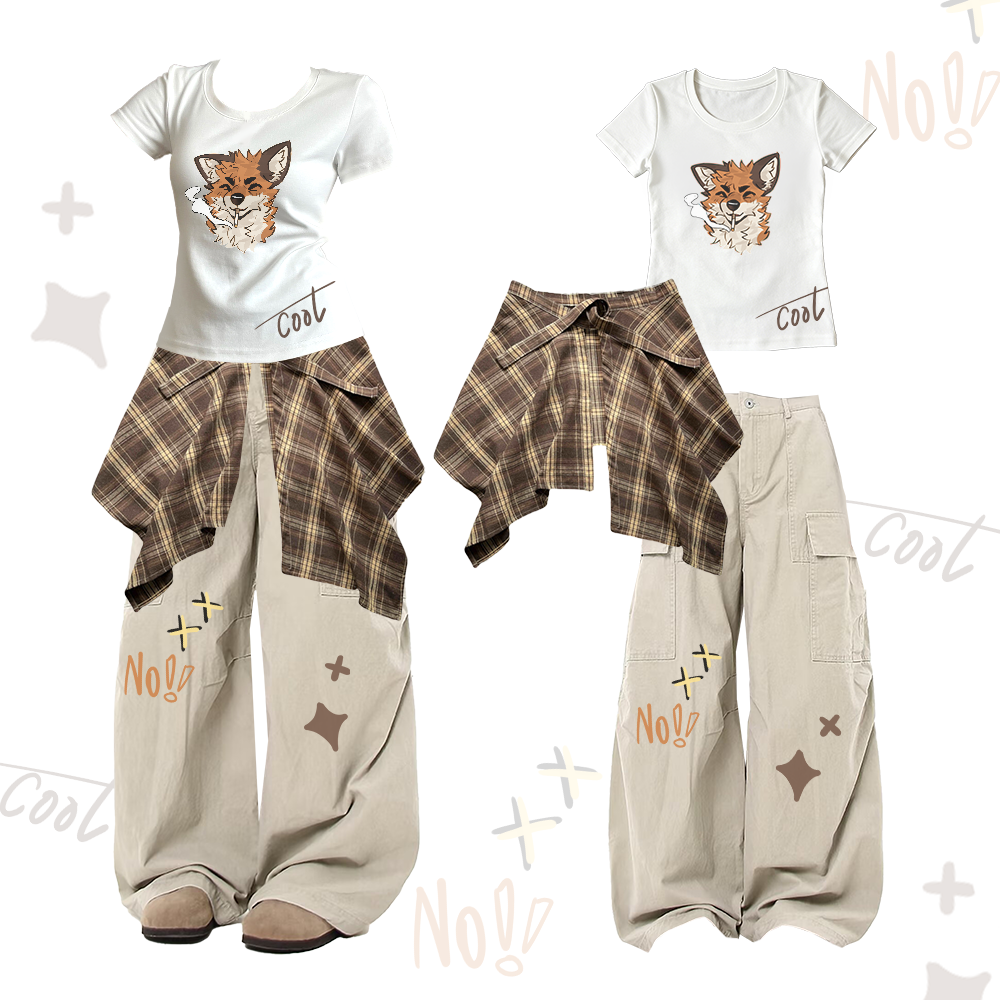 MODAKAWA X atka Smoking Fox Graphic U-Neck T-Shirt Plaid Skirt Cargo Pants Two Pieces Set - White - XL - image 2
