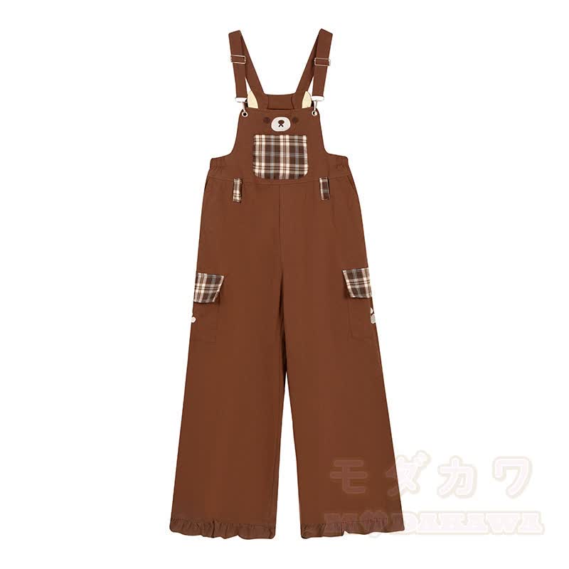 Hochwertige, strapazierfähige Latzhose mit Pressbär-Stickerei und Karomuster - Braun - L - image 6