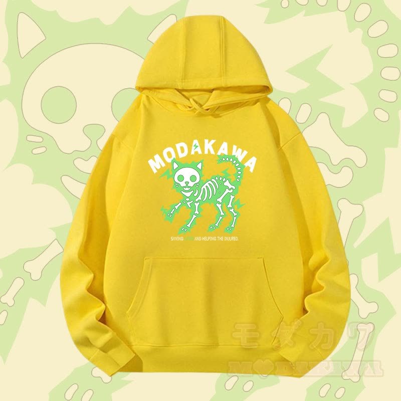 MODAKAWA Schwergewichtiger Hoodie mit elektrisiertem Skelettkatzen-Motiv - Gelb - 2XL - image 5
