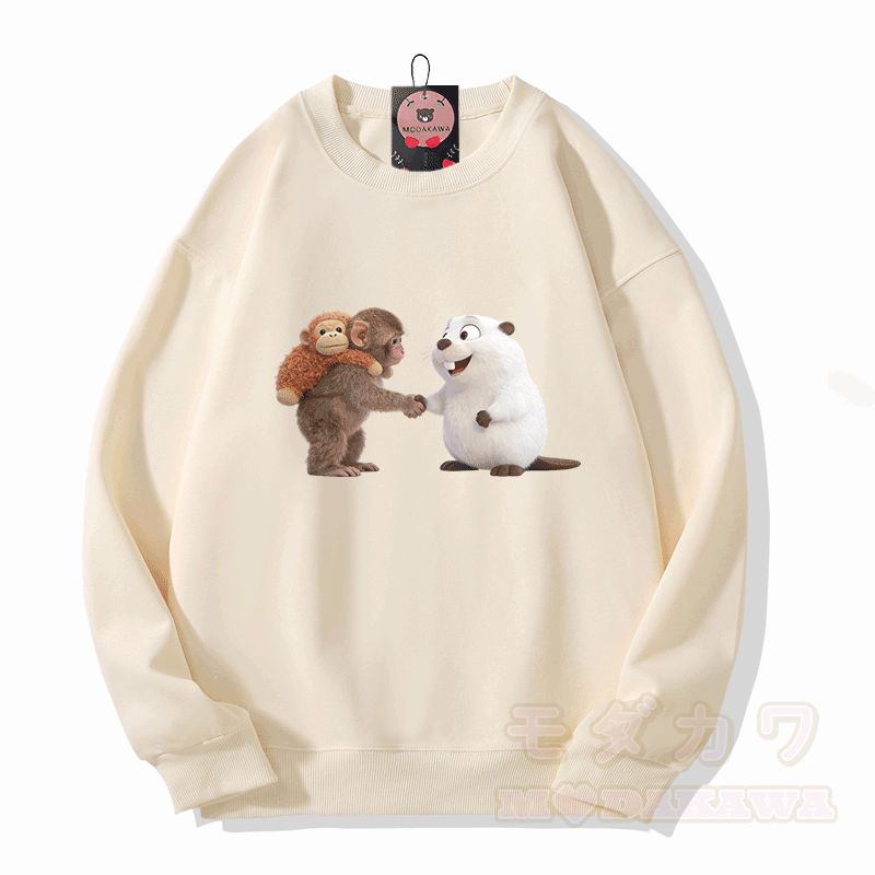 PUNCH Handshake Monkey Pufferfish Graphic Modakawa Sweatshirt - Beige - 5XL - image 5