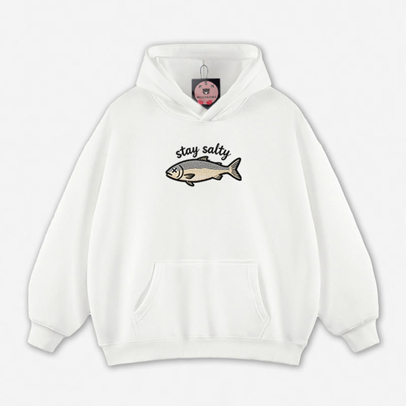 STAY SALTY Dead Fish Graphic Loose Hoodie - White - 5XL - image 5