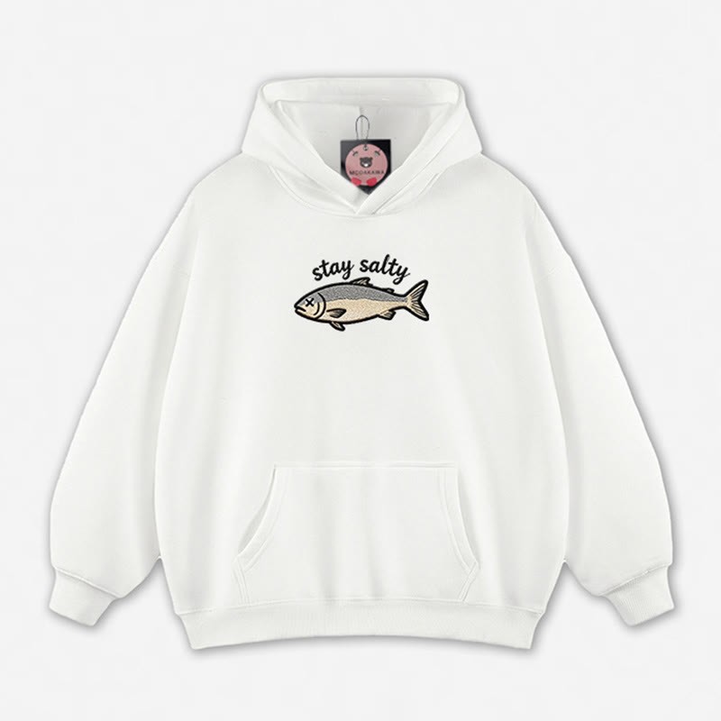 STAY SALTY Dead Fish Graphic Loose Hoodie - White - 5XL - image 5