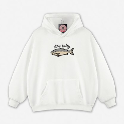STAY SALTY Dead Fish Graphic Loose Hoodie - White - 5XL - image 5