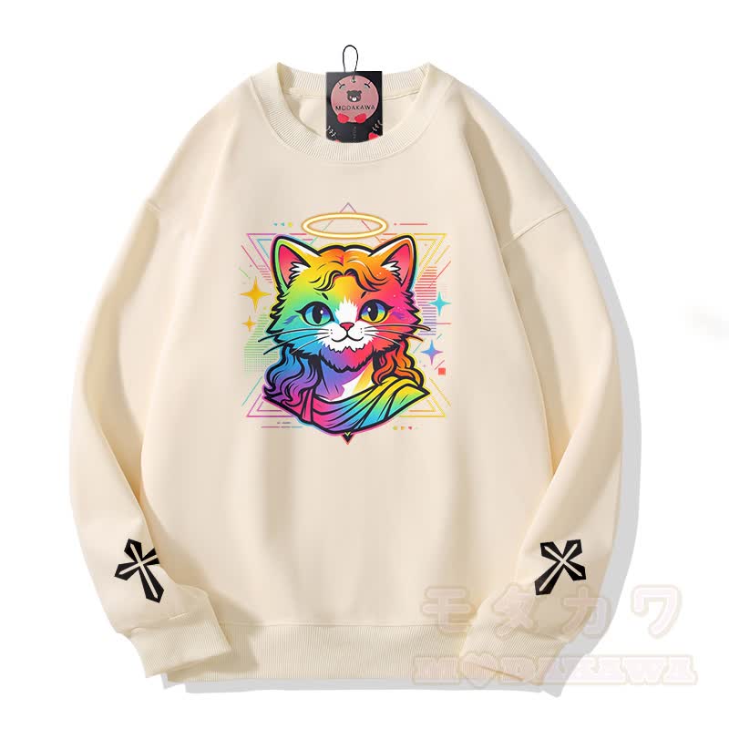 Modakawa Sweatshirt mit Regenbogen-Engel-Katzenkreuz-Grafik - Beige - 5XL - image 3