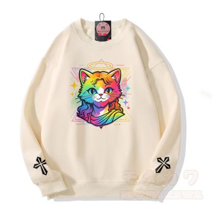 Modakawa Sweatshirt mit Regenbogen-Engel-Katzenkreuz-Grafik - Beige - 5XL - image 3
