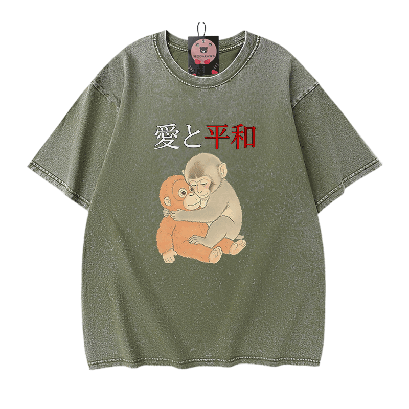 Peace Love Hugging PUNCH Monkey Graphic Modakawa Vintage Washed 100% Cotton T-Shirt - Green - 5XL - image 8