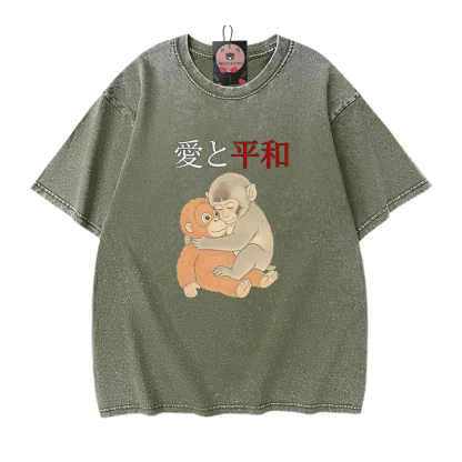 Peace Love Hugging PUNCH Monkey Graphic Modakawa Vintage Washed 100% Cotton T-Shirt - Green - 5XL - image 8
