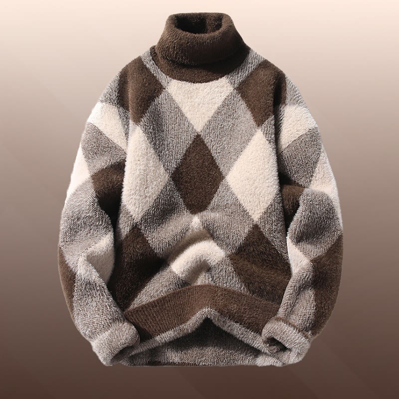 Zweiteiler aus kariertem, flauschigem Strickpullover und Jeans - Brown Sweater - 3XL - image 7