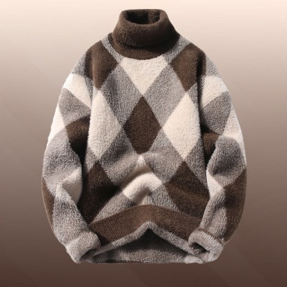 Zweiteiler aus kariertem, flauschigem Strickpullover und Jeans - Brown Sweater - 3XL - image 7