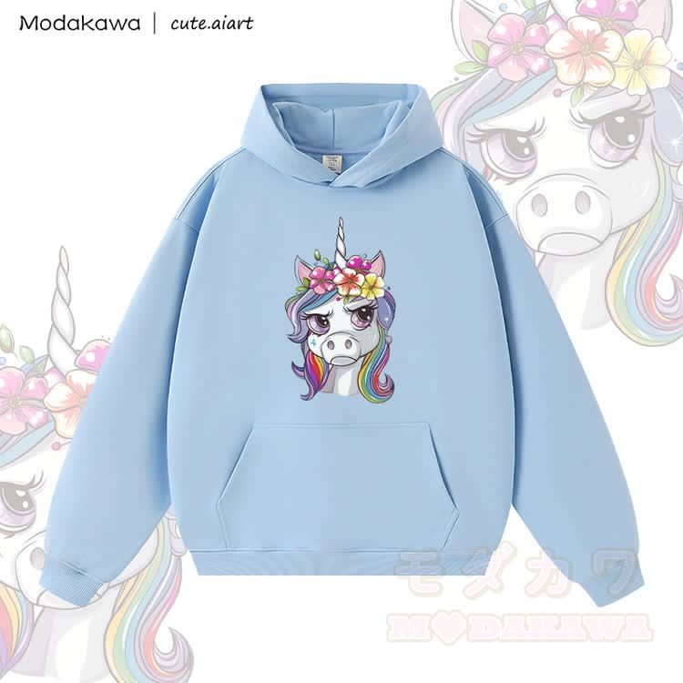 MODAKAWA X cute.aiart Floral Unicorn Graphic Warm Thick Hoodie - Blau - 3XL - image 3