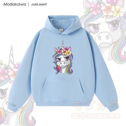 MODAKAWA X cute.aiart Floral Unicorn Graphic Warm Thick Hoodie - Blau - 3XL - image 3