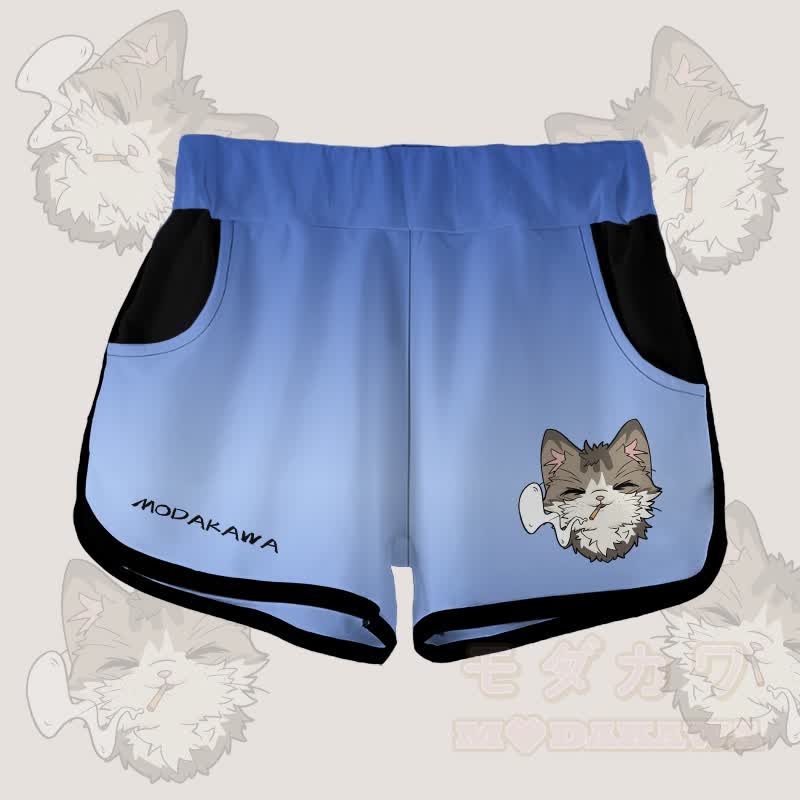 MODAKAWA Shorts mit Farbverlauf und rauchender Katze Grafik - Blau - 5XL - image 3