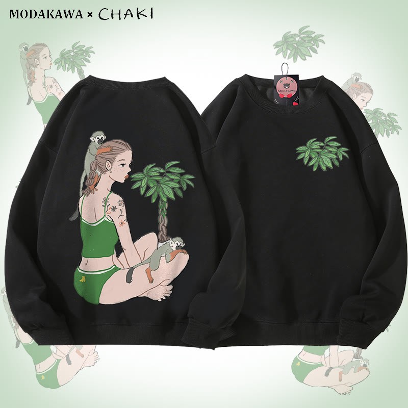 MODAKAWA X chaki Unisex-Sweatshirt mit Mädchen- und Affenmotiv - Black - 5XL - image 4