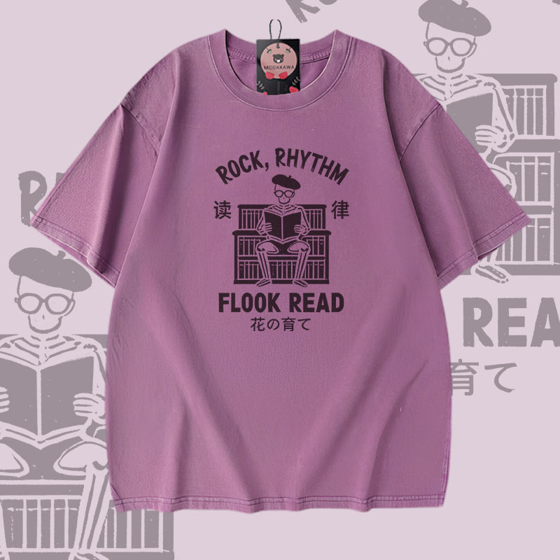 ROCK RHYTHM FLOOK READ Skeleton Graphic Modakawa Vintage Washed 100% Cotton T-Shirt - Purple - 5XL - image 4