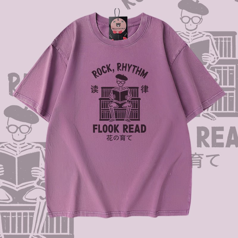 ROCK RHYTHM FLOOK READ Skeleton Graphic Modakawa Vintage Washed 100% Cotton T-Shirt - Purple - 5XL - image 4