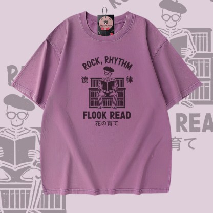 ROCK RHYTHM FLOOK READ Skeleton Graphic Modakawa Vintage Washed 100% Cotton T-Shirt - Purple - 5XL - image 4