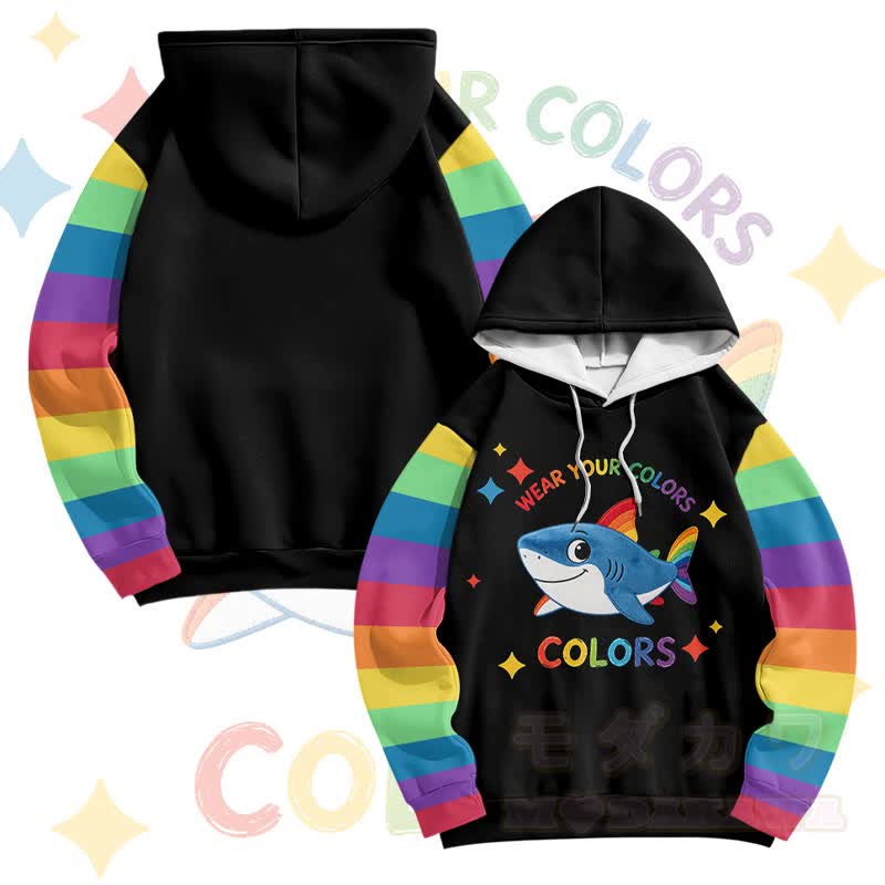 Zeig deine Farben! Modakawa Pullover-Hoodie mit Regenbogenhai-Motiv - Schwarz - 6XL - image 3