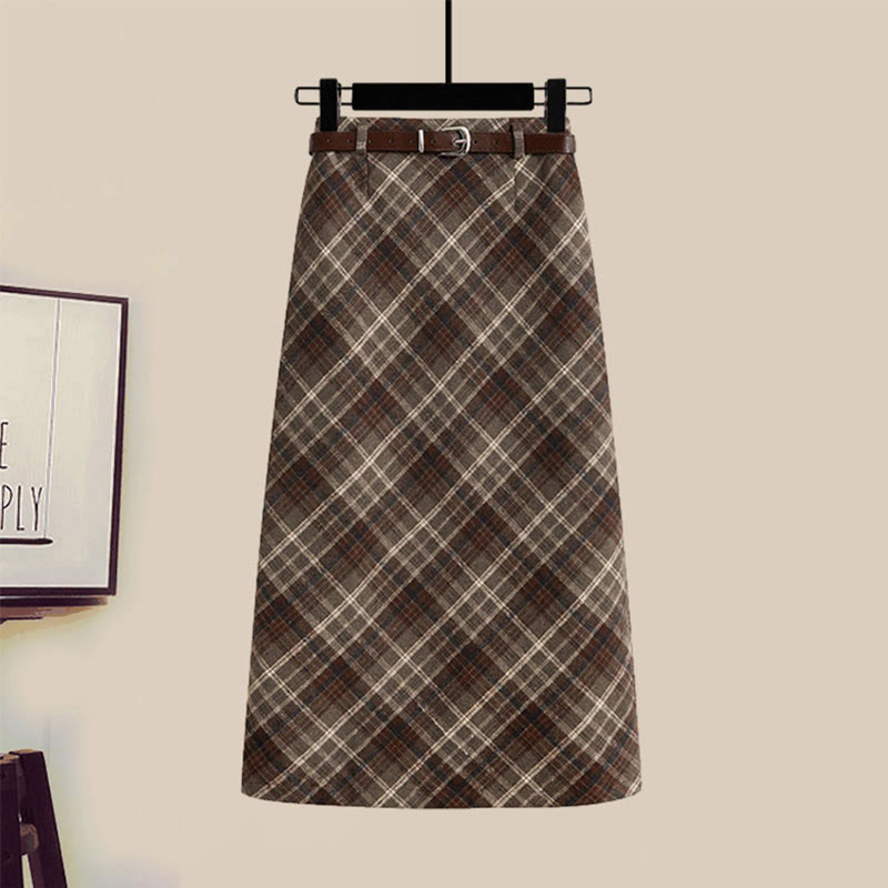 Strickjacke, Gürtel, Karorock, passendes Outfit - Brown Skirt - XL - image 7