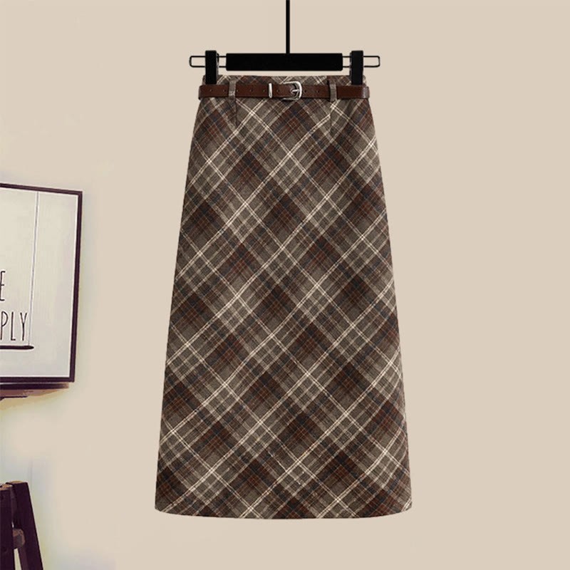 Strickjacke, Gürtel, Karorock, passendes Outfit - Brown Skirt - XL - image 7