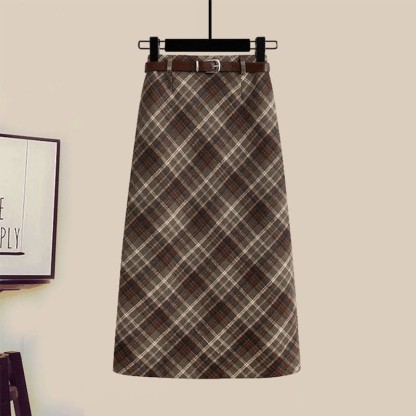 Strickjacke, Gürtel, Karorock, passendes Outfit - Brown Skirt - XL - image 7