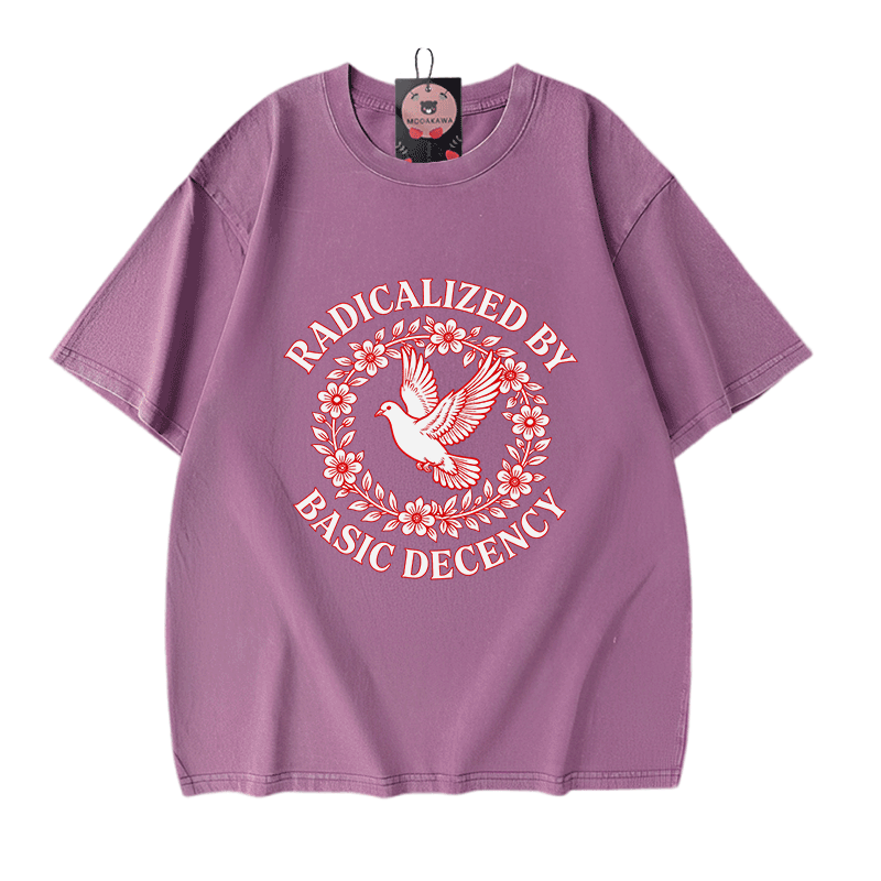 RADIKALISIERT DURCH GRUNDLEGENDE ANSTÄNDIGKEIT Taubengrafik Modakawa Vintage Washed 100% Baumwoll-T-Shirt - Purple - 5XL - image 7