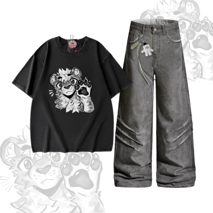 MODAKAWA X atka Tiger Graphic Vintage Washed 100% Cotton T-Shirt Denim Pants Two Pieces Set - Set C - 2XL - image 3