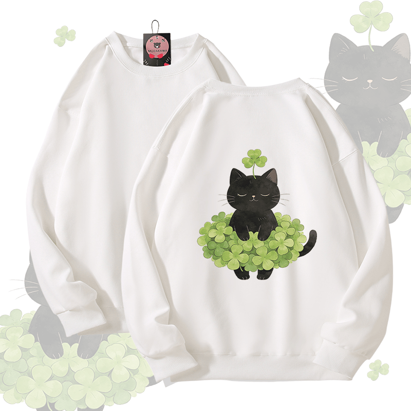 Modakawa Unisex-Sweatshirt mit vierblättrigem Kleeblatt und schwarzer Katze (Grafik) - White - 5XL - image 4