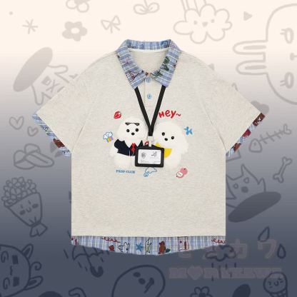 Flock Puppy Gingham Grafik-Polo-Shirt, Star Denimhose, Modakawa passendes Outfit - Graues T-Shirt - XL - image 6