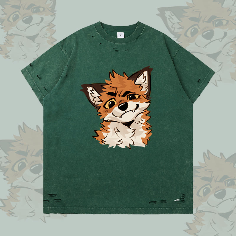 MODAKAWA X atka Lustiges Fuchs-Grafik-T-Shirt mit Rissen - Dark Green - 2XL - image 4