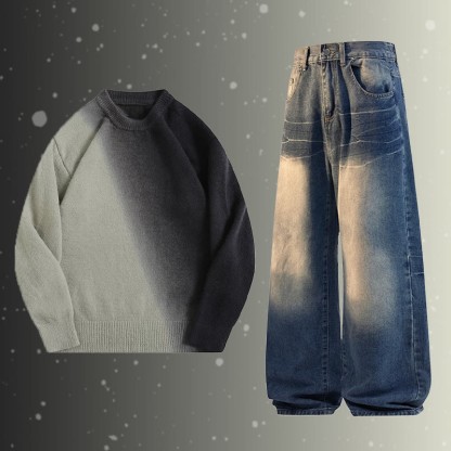 Zweiteiler: Strickpullover mit Farbverlauf und Jeans - Set B - 2XL - image 2