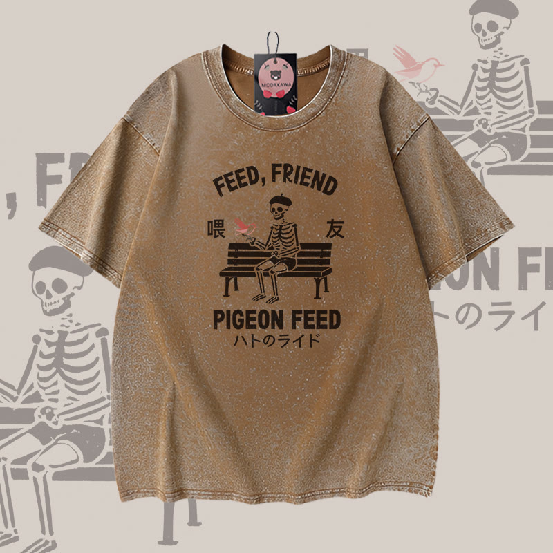 FÜTTERTAUBEN-FÜTTERUNG Skelett-Grafik Modakawa Vintage gewaschenes T-Shirt aus 100 % Baumwolle - Brown - 5XL - image 3