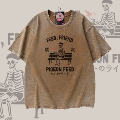 FÜTTERTAUBEN-FÜTTERUNG Skelett-Grafik Modakawa Vintage gewaschenes T-Shirt aus 100 % Baumwolle - Brown - 5XL - image 3