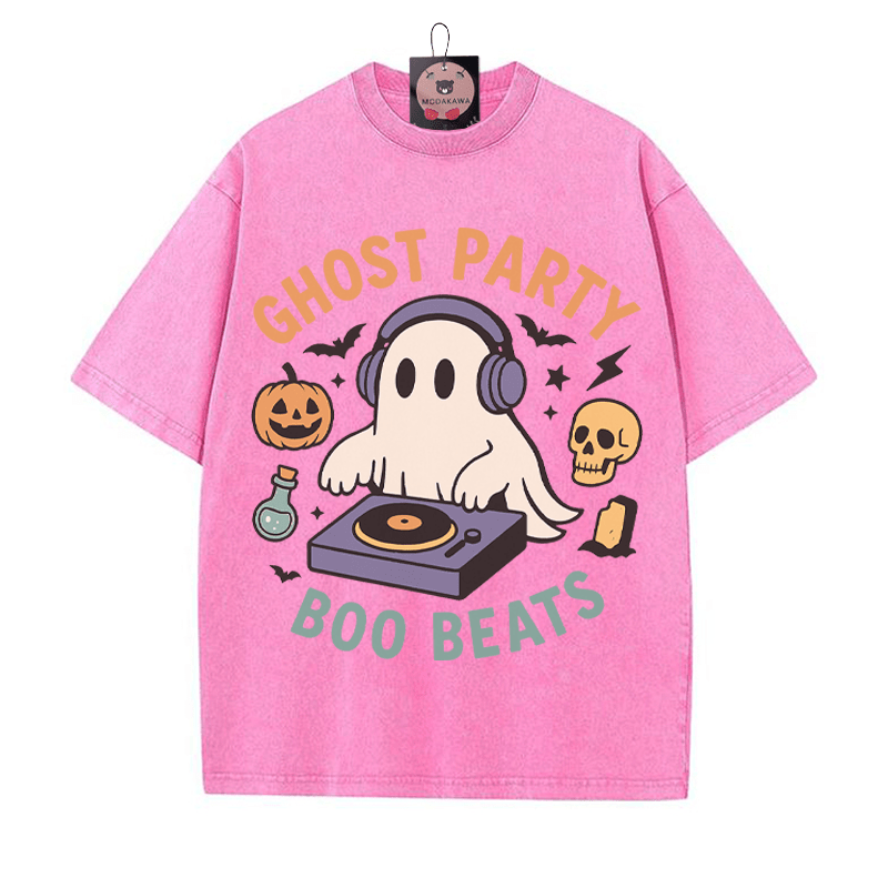 GHOST PARTY BOO BEATS DJ Ghost Grafik Unisex Vintage gewaschenes T-Shirt - Rosenrot - 5XL - image 3