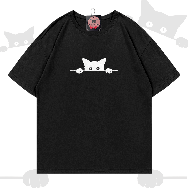 Modakawa Baumwoll-T-Shirt mit niedlicher Katzenstickerei - Black - 5XL - image 5