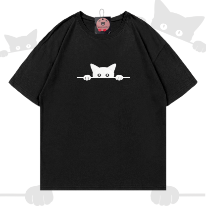 Modakawa Baumwoll-T-Shirt mit niedlicher Katzenstickerei - Black - 5XL - image 5