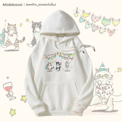 MODAKAWA X sumita_masataka Tipsy Party Cats Grafik-Hoodie mit Fleecefutter - Weiß - 5XL - image 4