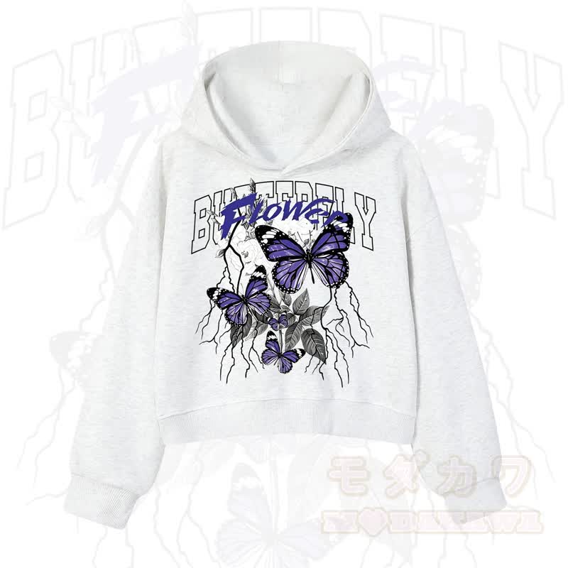 MODAKAWA BUTTERFLY FLOWER Cropped Cotton Hoodie - Hellgrau - 3XL - image 8