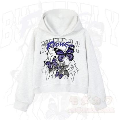 MODAKAWA BUTTERFLY FLOWER Cropped Cotton Hoodie - Hellgrau - 3XL - image 8