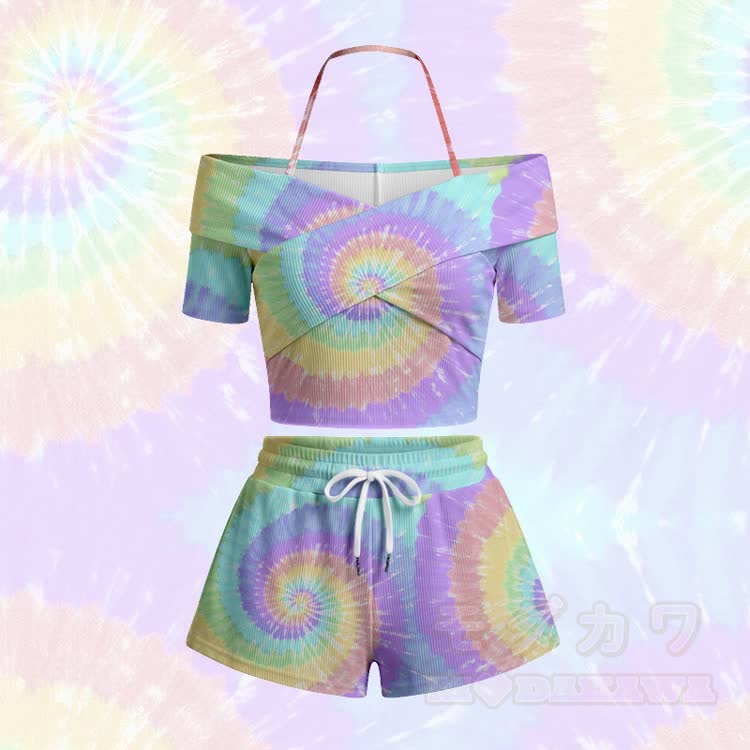 Modakawa Set aus schulterfreiem Top und Shorts mit Batikmuster - Lila Set - 5XL - image 4