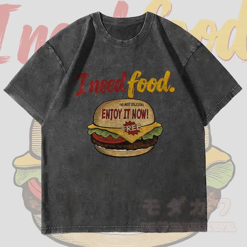 MODAKAWA I NEED FOOD Burger Grafik Unisex Vintage Washed T-Shirt - Schwarz - 4XL - image 3