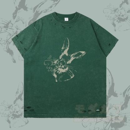 Smoking Bunny Grafik Modakawa Ripped T-Shirt - Dunkelgrün - 2XL - image 3