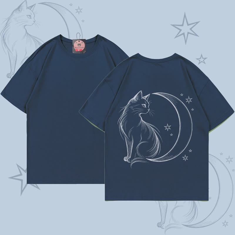MODAKAWA Moon Cat Grafik-T-Shirt - Purplish Blue - 5XL - image 2