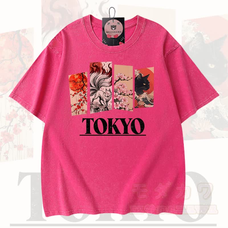 MODAKAWA Vintage TOKYO Fuchs-Kirschblüten-Katzenprint Kurzarm-T-Shirt - Rosenrot - 3XL - image 6