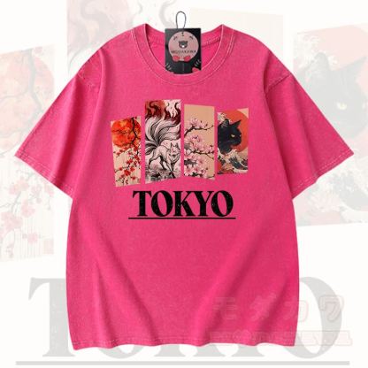MODAKAWA Vintage TOKYO Fuchs-Kirschblüten-Katzenprint Kurzarm-T-Shirt - Rosenrot - 3XL - image 6